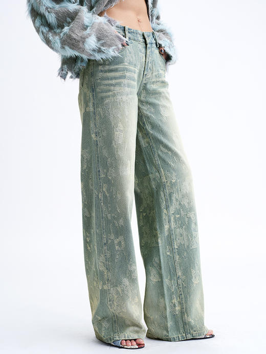 TR她热 城市匿行 蓝色做旧复古水洗提花显瘦低腰直筒牛仔裤 商品图1