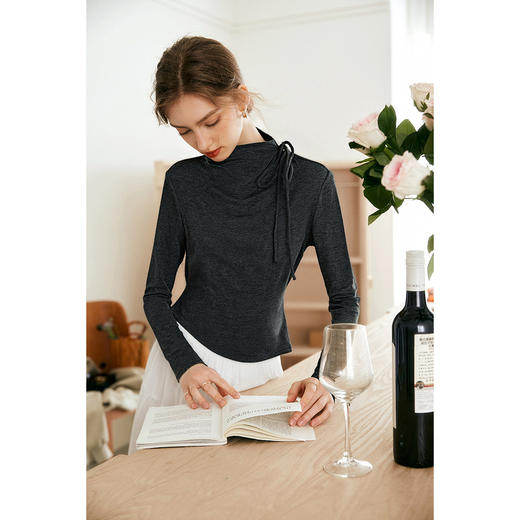 气质半高领绑带设计感保暖打底衫女冬季不规则下摆套头长袖T恤 商品图3