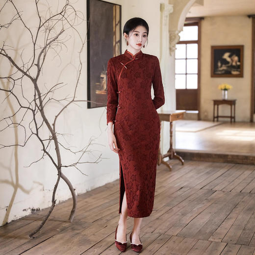 复古中国风针织提花长款旗袍，喜妈妈婚宴长袖旗袍SYK23049 商品图1