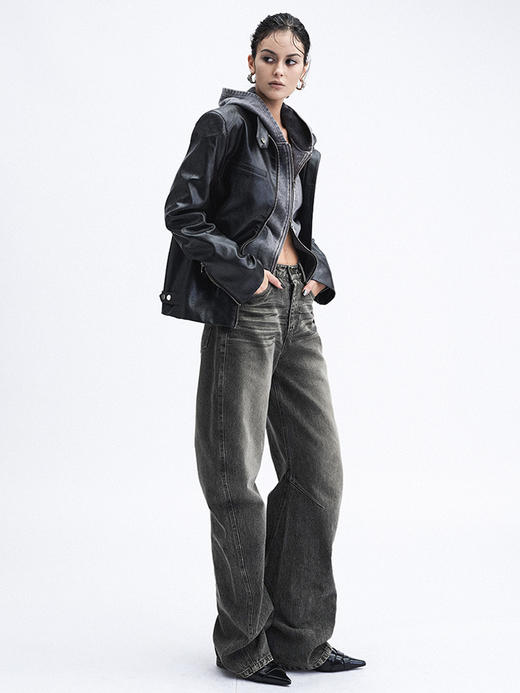 TR她热 冷面特工 黑色立领双拉链辣妹设计感环保皮夹克外套 商品图3