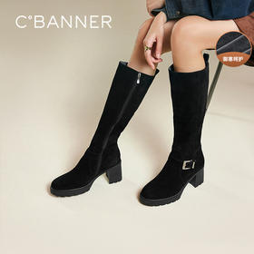 千百度厚底粗高跟弹力袜靴女加绒保暖骑士靴高筒长靴A25587798