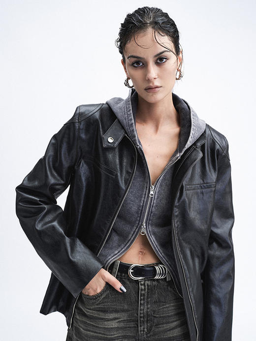 TR她热 冷面特工 黑色立领双拉链辣妹设计感环保皮夹克外套 商品图4