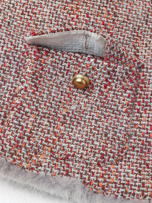 杂色粗花呢拼接毛绒圆领短款外套 冬季小香风金属扣多口袋长袖羽绒服 商品图3