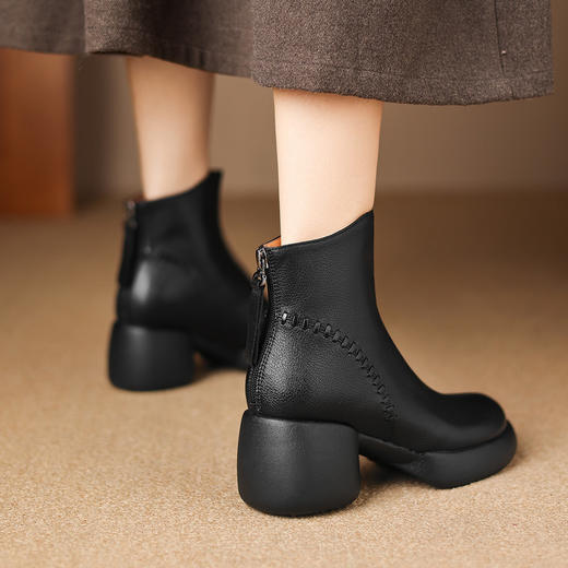 【预售5天】复古厚底防水台轻便高跟小短靴，加绒真皮不累脚粗跟马丁靴ASN&3131 商品图4