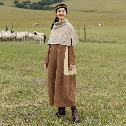 绽放703朵/羊毛棉拼接撞色肌理感长袖连衣裙复古文艺加厚保暖长裙 商品图1