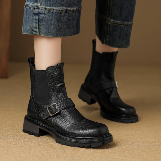 【预售5天】英伦风皮带扣厚底短靴，真皮裸靴棕色马丁靴粗跟切尔西靴ML&S9856 商品图2