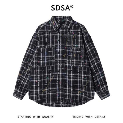 SDSA男士秋冬新款痞帅男装潮牌撞色格纹磨破泼墨翻领衬衫百搭宽松 商品图0