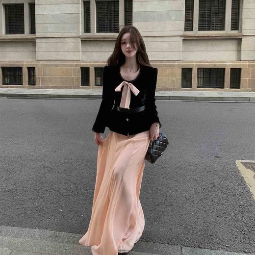 LIN BOUTIQUE 蝴蝶结撞色丝绒短款外套+多片式分割半裙套装女 商品图2