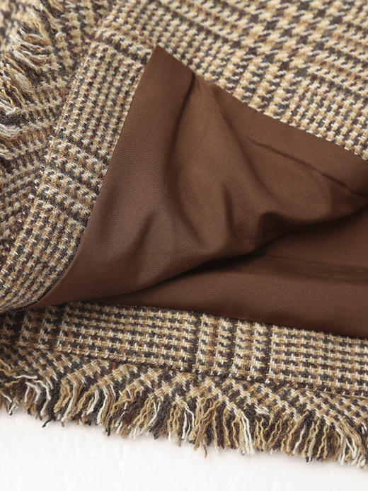 卡其格纹毛边圆领短款外套 秋冬复古小香风多口袋单排扣长袖上衣 商品图3