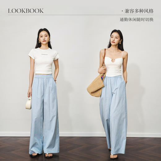 OLrain欧芮儿蓝色条纹舒适阔腿裤女夏季2025年新款慵懒松弛感裤子 商品图1