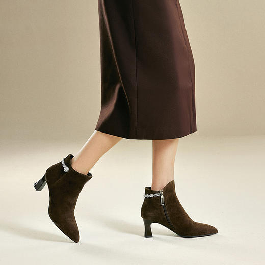 【静音系列】千百度粗高跟羊皮踝靴女加绒短靴时装靴A25588704 商品图4