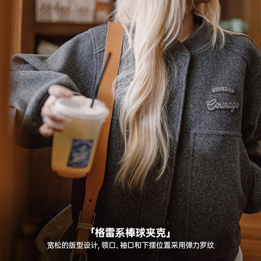 马登深灰色加厚棒球领服短款毛呢呢子夹克大口袋外套上衣女士秋冬 商品图2