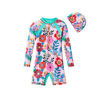 ASK JUNIOR【泡温泉】【含泳帽】女童泳衣夏季儿童满印长袖连体式泳衣140 商品图1