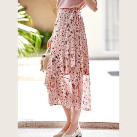 欧芮儿碎花雪纺半身裙2025夏季新款不对称荷叶边裙摆蝴蝶结收腰裙