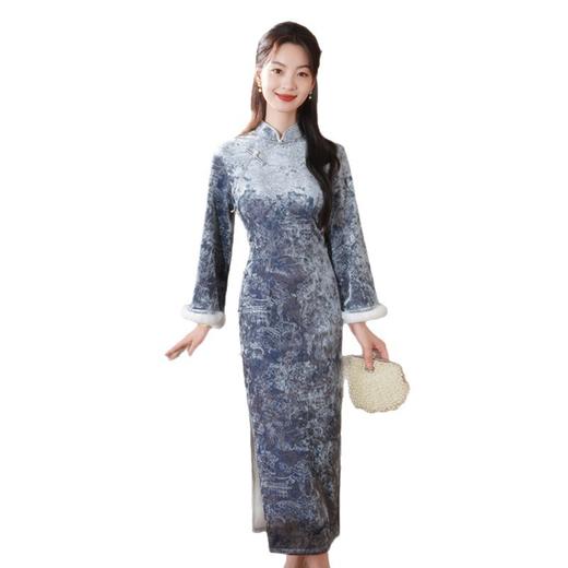SKY 23065丝绒压花长袖旗袍修身旗袍裙 商品图4