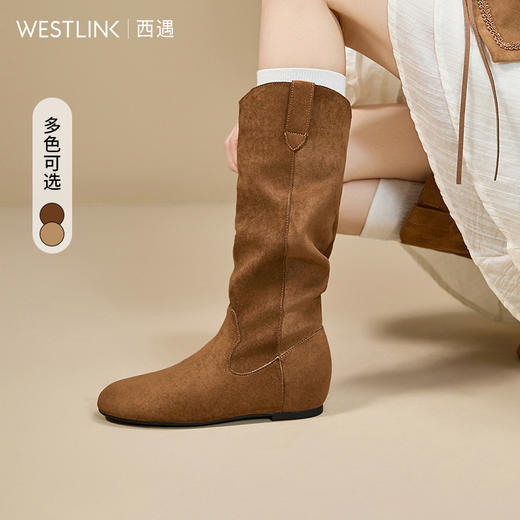 西遇美拉德长筒靴女新款秋冬不过膝高筒长靴子平底西部牛仔靴V2157193 商品图0