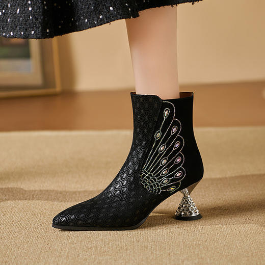【预售5天】秋冬新款单靴时尚烫钻孔雀纹羊皮银色酒杯跟中跟真皮短靴女HR-SY&611 商品图2