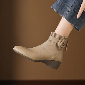 【预售5天】巨软羊皮中跟短靴女秋冬季法式粗跟小踝靴显瘦圆头后拉链靴子YF&A90102