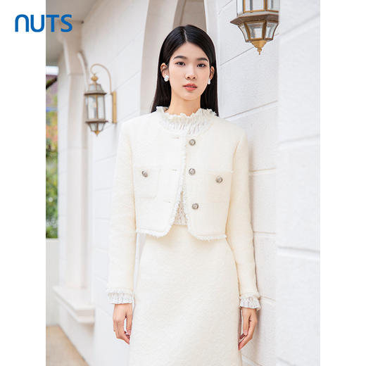 NUTS商场同款秋冬季白色气质设计感小香风直筒短款外套女4430406A1 商品图0