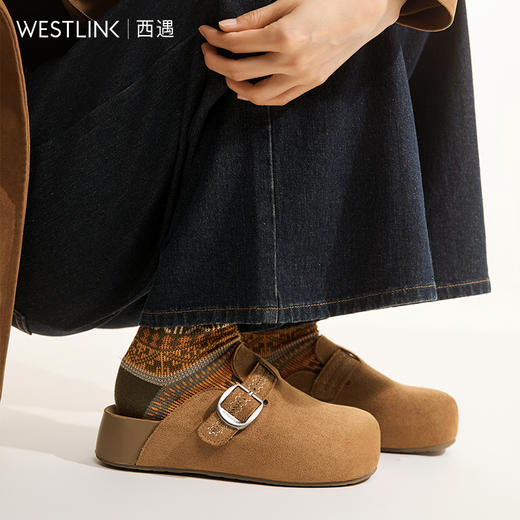 西遇包头勃肯鞋女新款秋冬复古花边松糕一脚蹬厚底博肯半拖鞋V0057235 商品图1