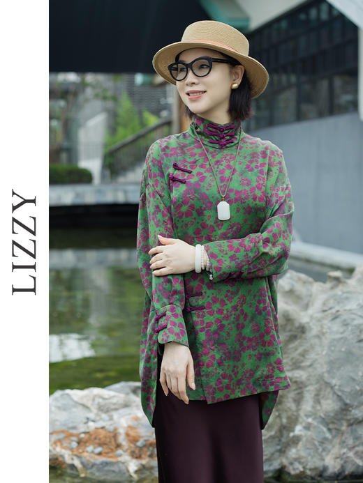 LIZZY复古优雅性中式立领偏襟开叉宽松印花香云纱桑蚕丝上衣8171 商品图3