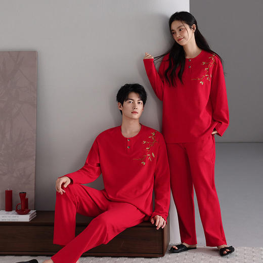 纯棉华夫格情侣睡衣女长袖长裤套装秋季简约风中青年可外穿家居服   JL-NQT9080/NQT8080 商品图2