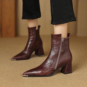 【预售5天】法式尖头粗跟显瘦马丁靴女秋冬款真皮气质及裸靴侧拉链复古小短靴WXJFG&W351