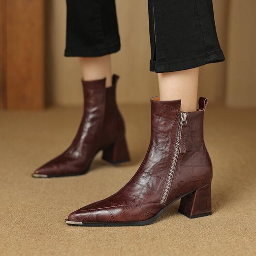 【预售5天】法式尖头粗跟显瘦马丁靴女秋冬款真皮气质及裸靴侧拉链复古小短靴WXJFG&W351 商品图0