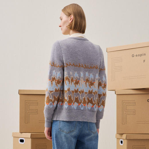 谜底V领针织开衫长袖2025冬季新品原创千鸟格提花毛衣女254MZ1902 商品图2