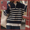 馥迦复古翻领条纹半拉链针织衫 商品缩略图0