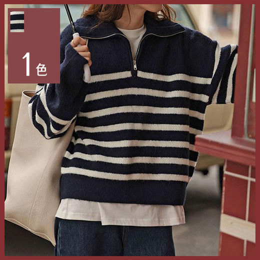 馥迦复古翻领条纹半拉链针织衫 商品图0