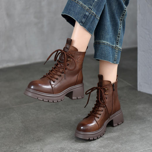 T886-52头层牛皮厚底系带马丁靴侧拉链短靴秋冬新款真皮单靴加绒女棉靴子 商品图2