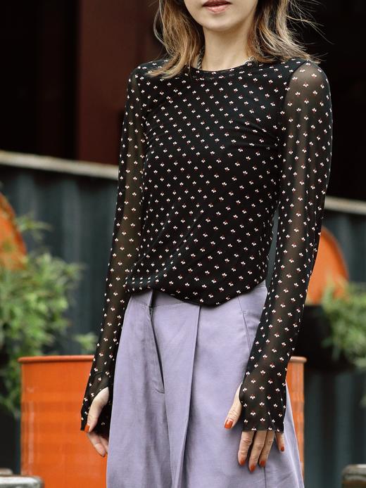 TYNVIE 黑色迷你花卉透视袖上衣 商品图1