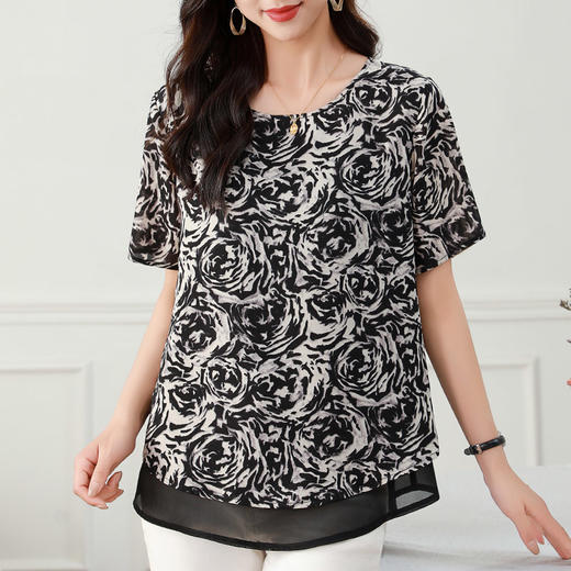 雪纺上衣女短袖大码女装2025年夏季新款女士上衣时尚碎花妈妈夏装 商品图3