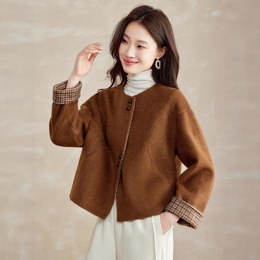 短款双面羊毛大衣，气质格纹拼接百搭显瘦毛呢外套HR-SHIY2620 商品图0