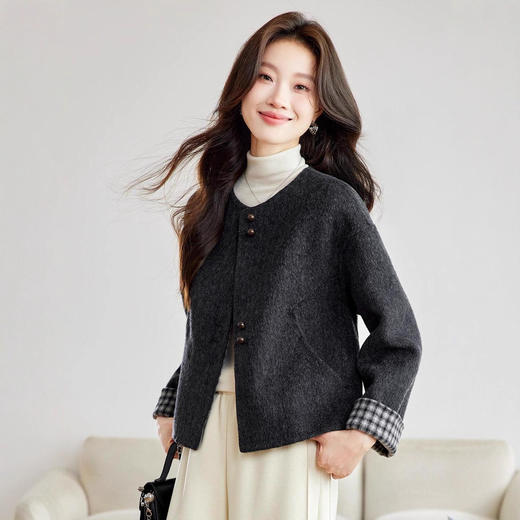 短款双面羊毛大衣，气质格纹拼接百搭显瘦毛呢外套HR-SHIY2620 商品图3