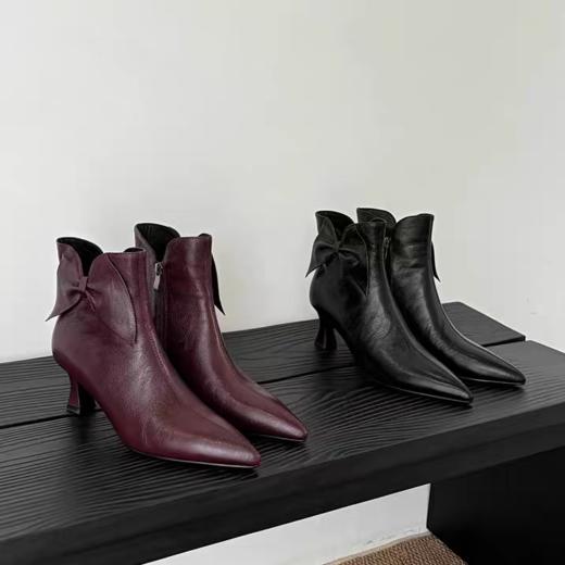 【预售5天】新款尖头蝴蝶结中跟女靴柔软显瘦气质及踝靴法式真皮高跟短靴QQJ&JZ-2132 商品图2