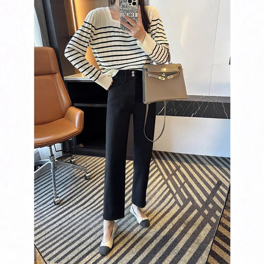 巨显腿直~2025浅蓝色加绒牛仔裤女高腰显瘦弹力九分烟管小个子直筒裤！ 商品图2