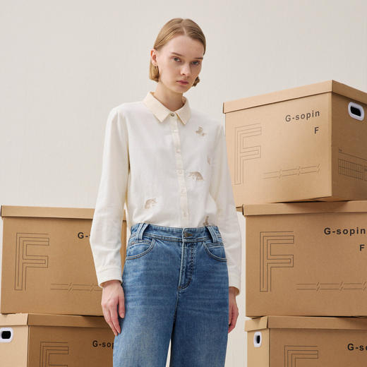 谜底白衬衣长袖2025冬季新品纯棉磨毛小动物刺绣衬衫女254MC1717 商品图0