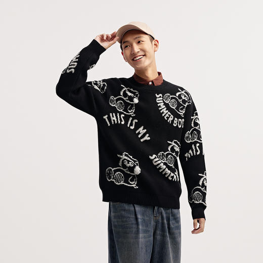 森马史努比系列毛衫男冬季满版提花针织衫撞色情侣毛衣宽松套头衫 商品图1