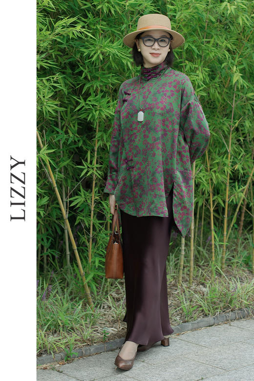 LIZZY复古优雅性中式立领偏襟开叉宽松印花香云纱桑蚕丝上衣8171 商品图6