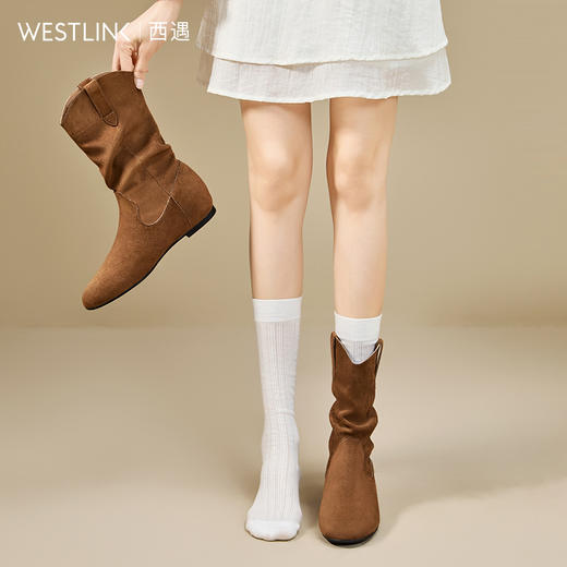 西遇平底西部牛仔靴女新款秋冬复古V口堆堆靴子圆头勃肯短靴V2257192 商品图2