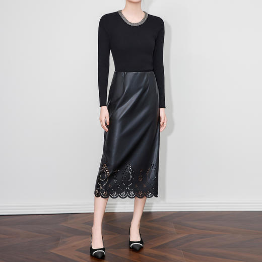 「高货wl」全新升级【铂金会员220/天猫299/差价79】(81233)洛诗琳法式复古PU蛋白皮半身裙2025秋冬气质镂空直筒裙 商品图1