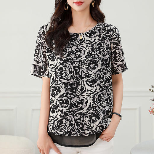 雪纺上衣女短袖大码女装2025年夏季新款女士上衣时尚碎花妈妈夏装 商品图1