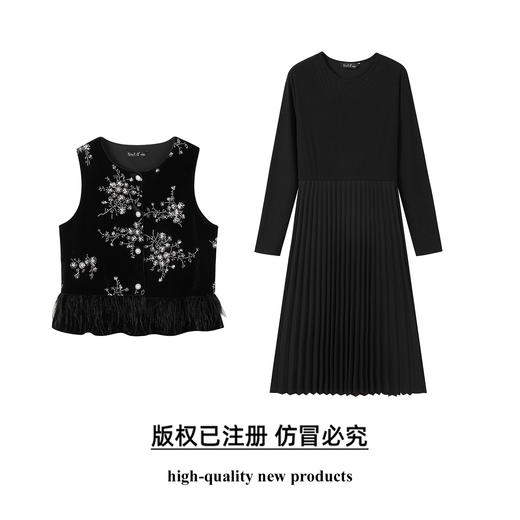 奢姿大码女装2025冬季胖妹妹时尚刺绣设计马甲搭百褶连衣裙套装9954953856 商品图0