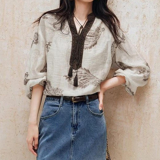 馥迦法式复古印花宽松天丝亚麻衬衫 商品图6