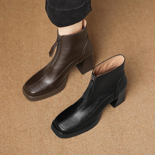 【预售5天】前拉链厚底超高跟短靴女秋冬真皮方头加绒马丁靴百搭瘦瘦靴ASN&3097 商品图2