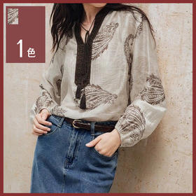 馥迦法式复古印花宽松天丝亚麻衬衫