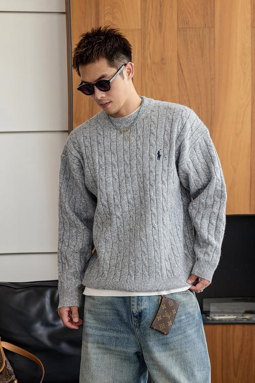 徐太浪【麻花纹 羊毛混纺】扭花毛衣男秋冬休闲内搭灰色针织上衣 商品图4