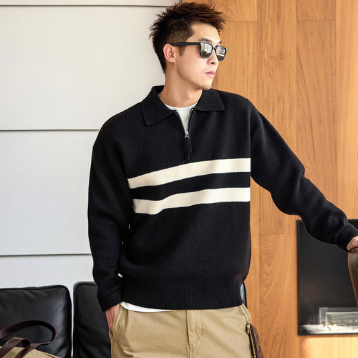 徐太浪【830g重磅 撞色条纹】半拉链毛衣男秋冬加厚保暖内搭上衣 商品图2